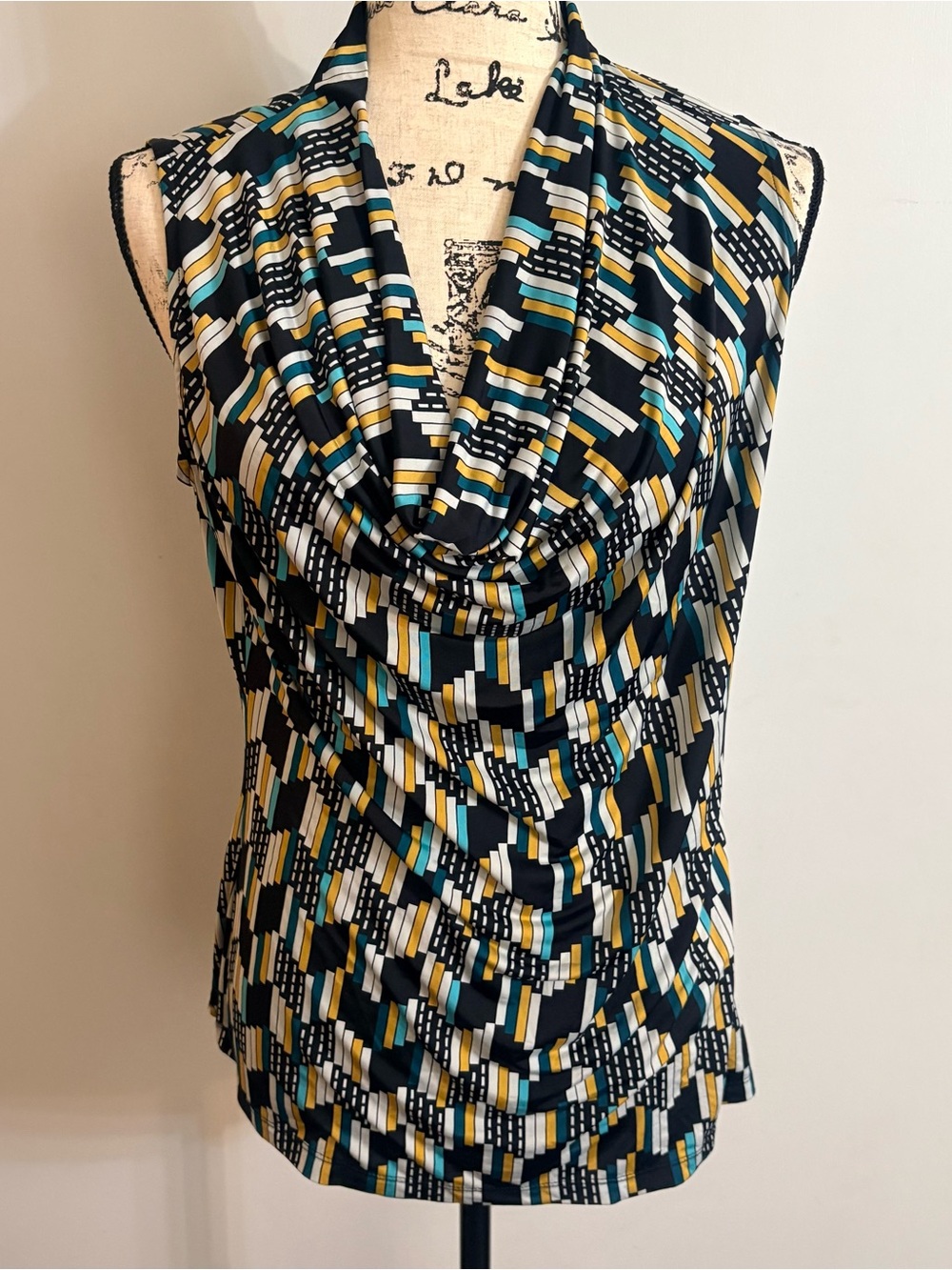 Worthington Geometric Cowl Neck Tank Top - Black, Teal, Yellow